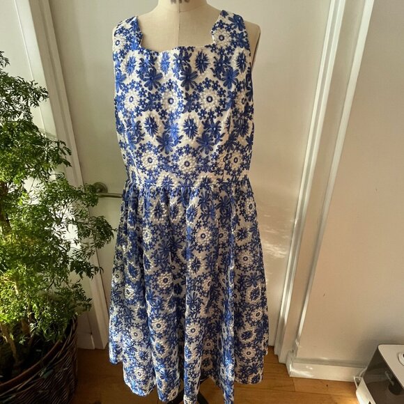 TATYANA 50's Style Blue and White Embroidered Snowflake Swing Dress Size XL - Picture 2 of 11